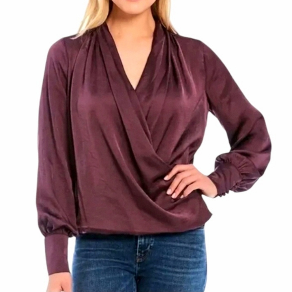 Band Of Gypsies Mon Cheri Plum Satin Faux Wrap Blouse Size XS